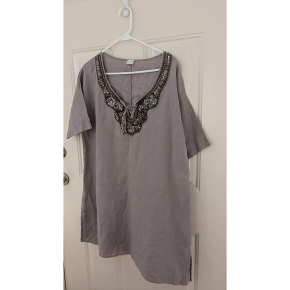 Poetry Linen Tunic with metal ornament design, v neck and tie closure, purple - Picture 1 of 7